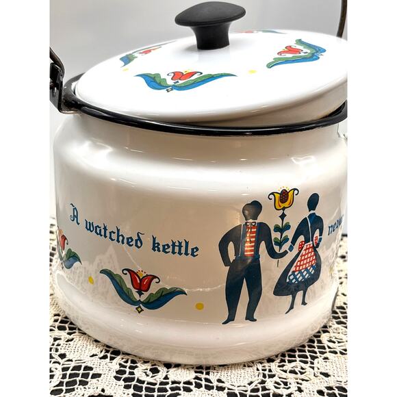 Vintage MCM Berggren Enamelware Teapot Folk Art ‘A Watched Kettle Never Boils’ - Picture 4 of 10